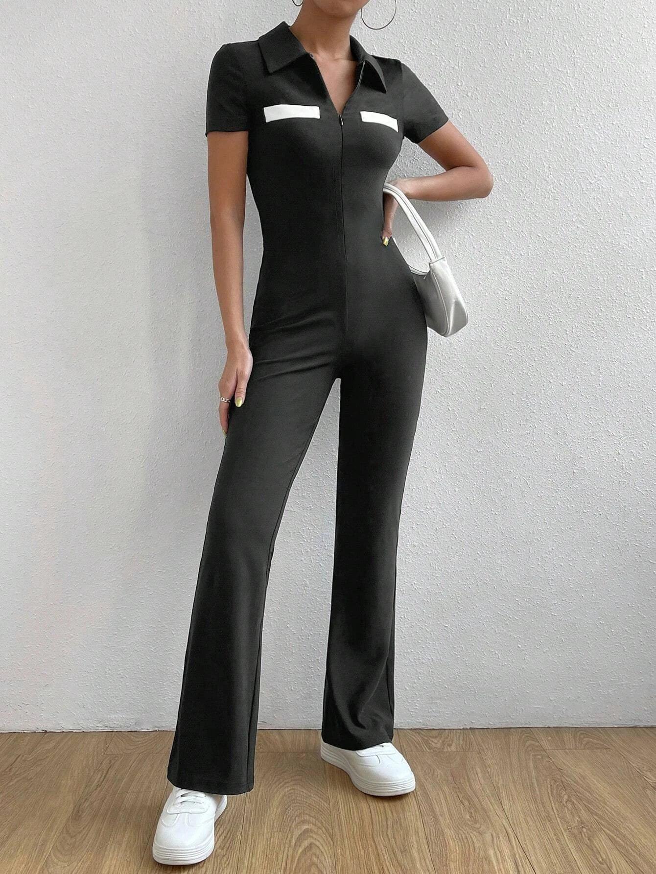 Bikercore Colorblock Zip Front Jumpsuit-Comfy Jumpsuits