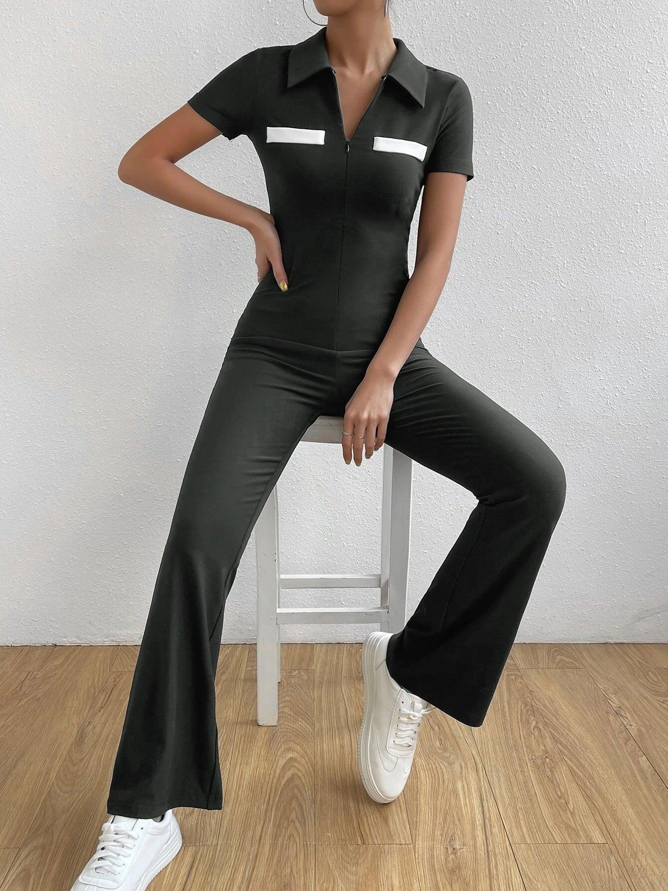 Bikercore Colorblock Zip Front Jumpsuit-Comfy Jumpsuits