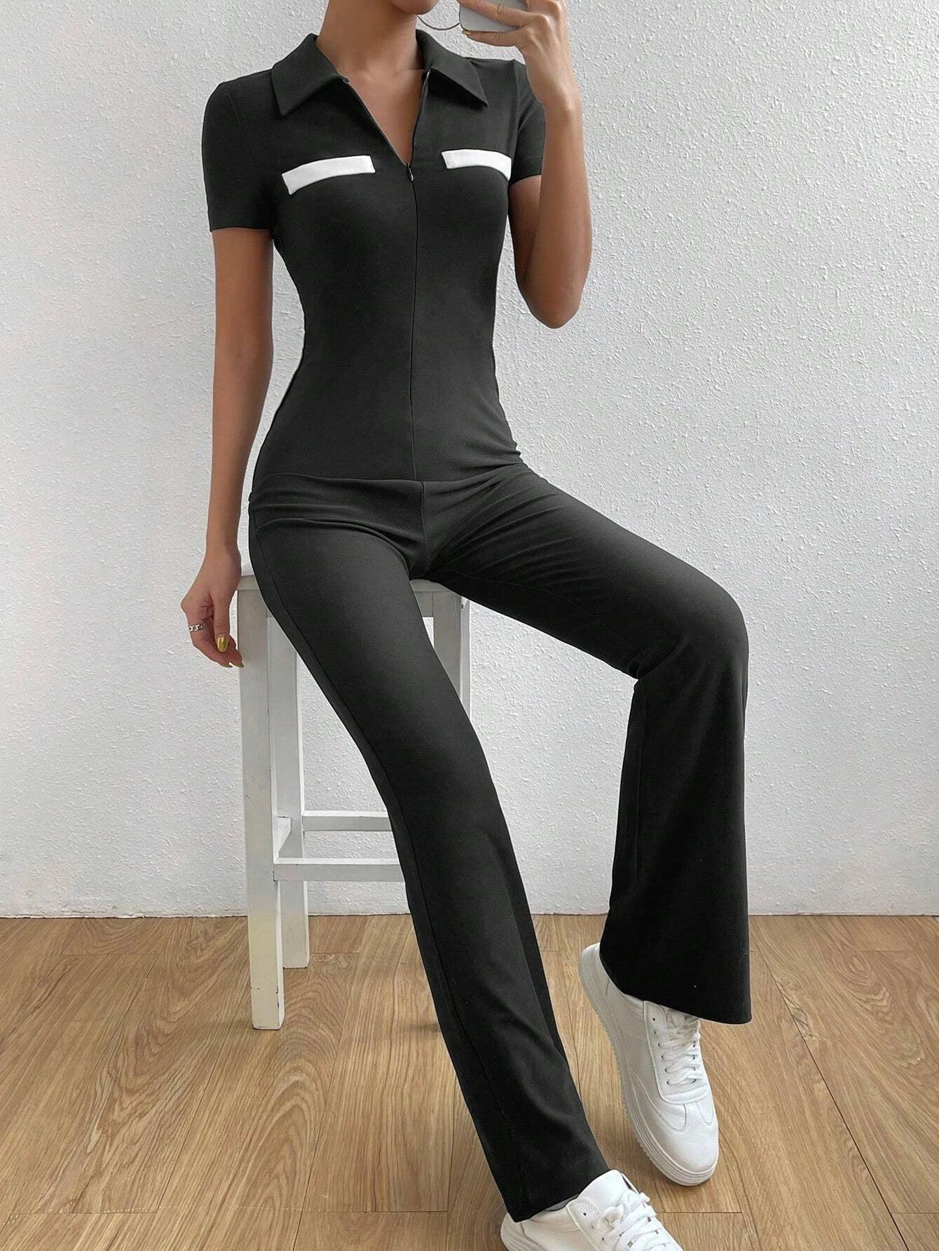 Bikercore Colorblock Zip Front Jumpsuit-Comfy Jumpsuits