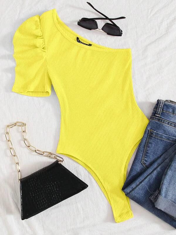 Ribbed Knit One Shoulder Puff Sleeve Plain Bodysuit-Comfy Jumpsuits