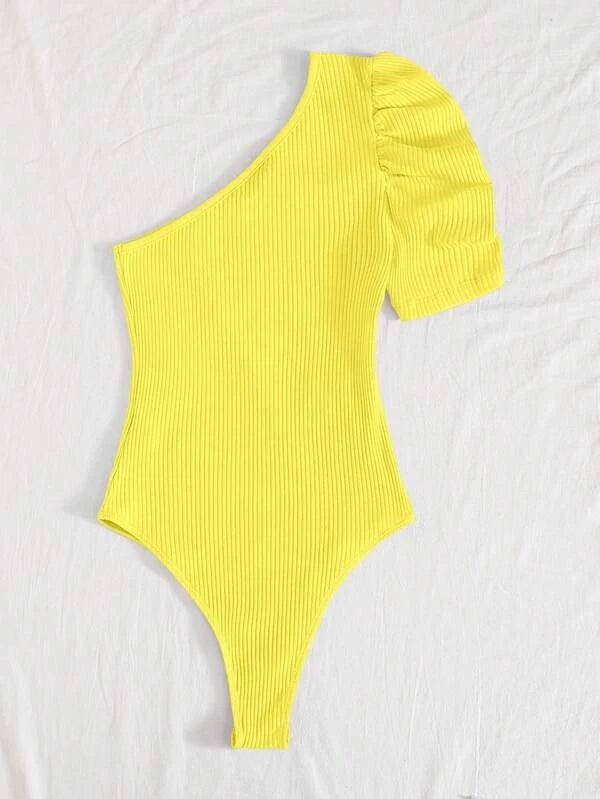 Ribbed Knit One Shoulder Puff Sleeve Plain Bodysuit-Comfy Jumpsuits