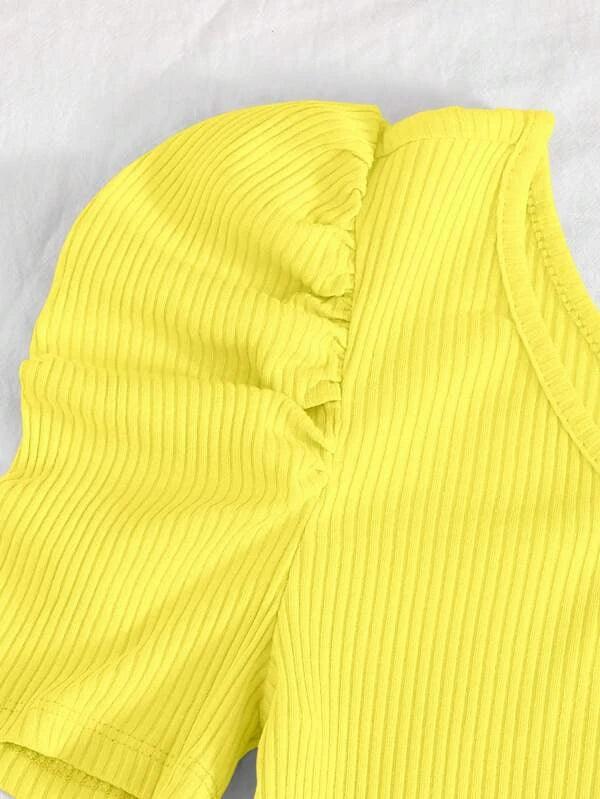 Ribbed Knit One Shoulder Puff Sleeve Plain Bodysuit-Comfy Jumpsuits