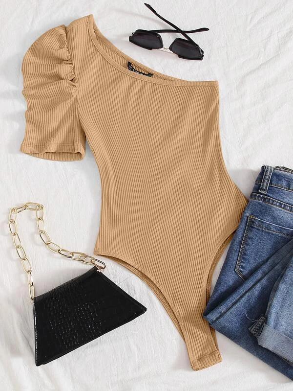 Ribbed Knit One Shoulder Puff Sleeve Plain Bodysuit-Comfy Jumpsuits
