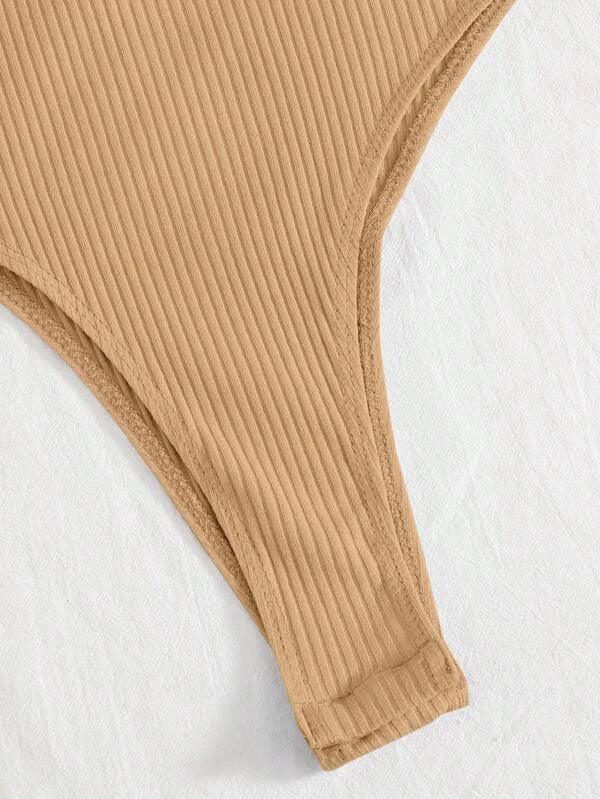 Ribbed Knit One Shoulder Puff Sleeve Plain Bodysuit-Comfy Jumpsuits