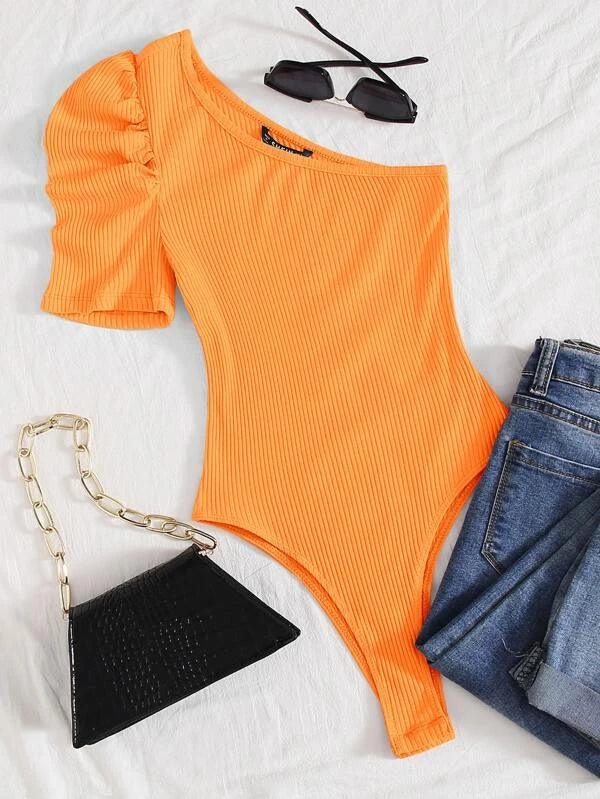 Ribbed Knit One Shoulder Puff Sleeve Plain Bodysuit-Comfy Jumpsuits