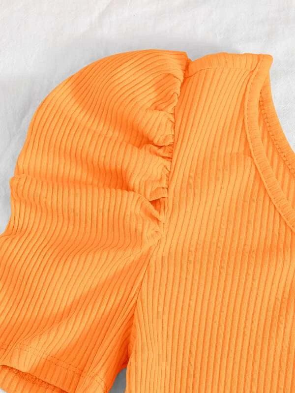 Ribbed Knit One Shoulder Puff Sleeve Plain Bodysuit-Comfy Jumpsuits