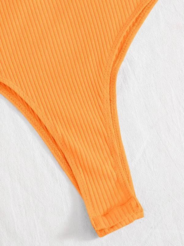 Ribbed Knit One Shoulder Puff Sleeve Plain Bodysuit-Comfy Jumpsuits