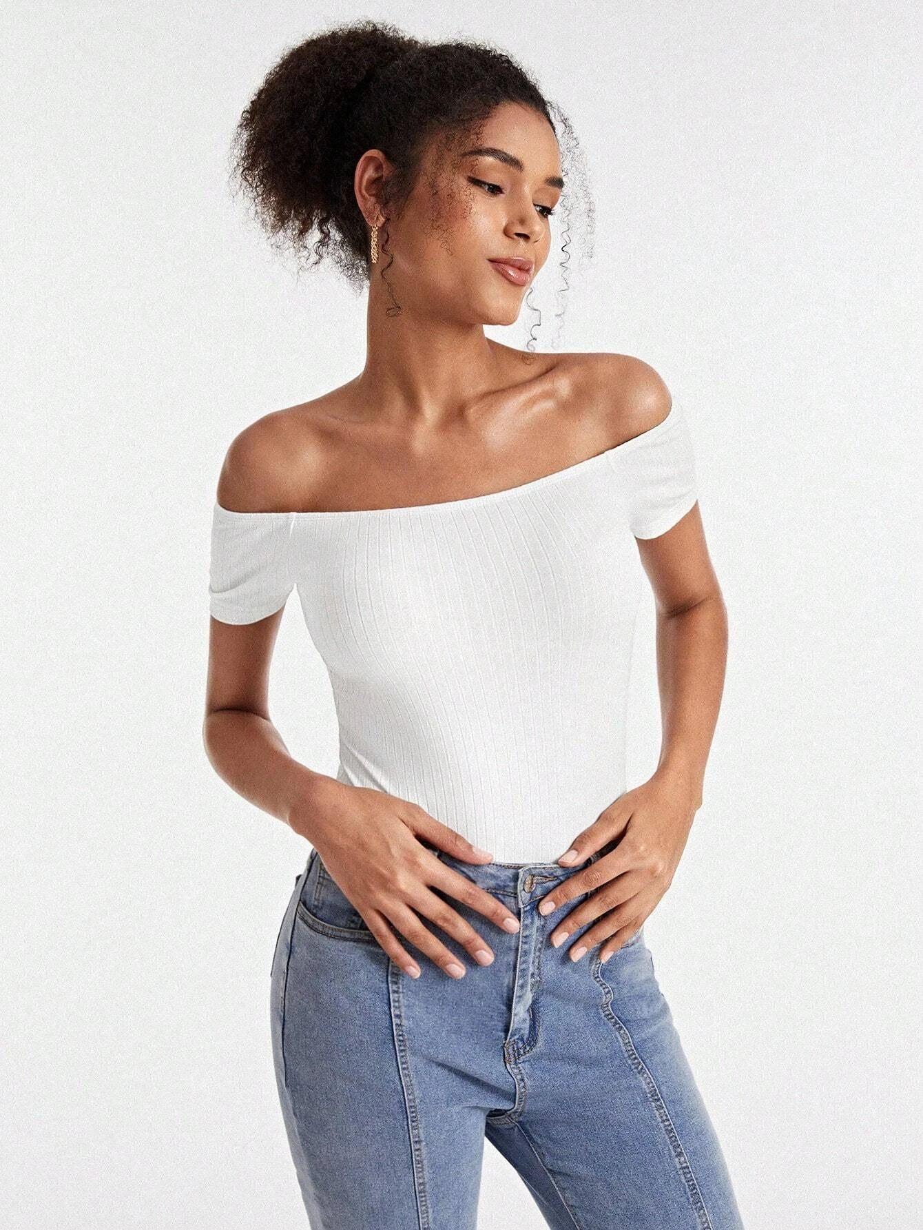 Cotton Off Shoulder Rib-knit Bodysuit-Comfy Jumpsuits