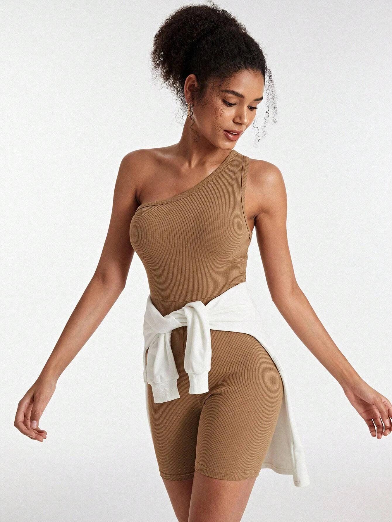 Cotton One Shoulder Unitard Romper-Comfy Jumpsuits