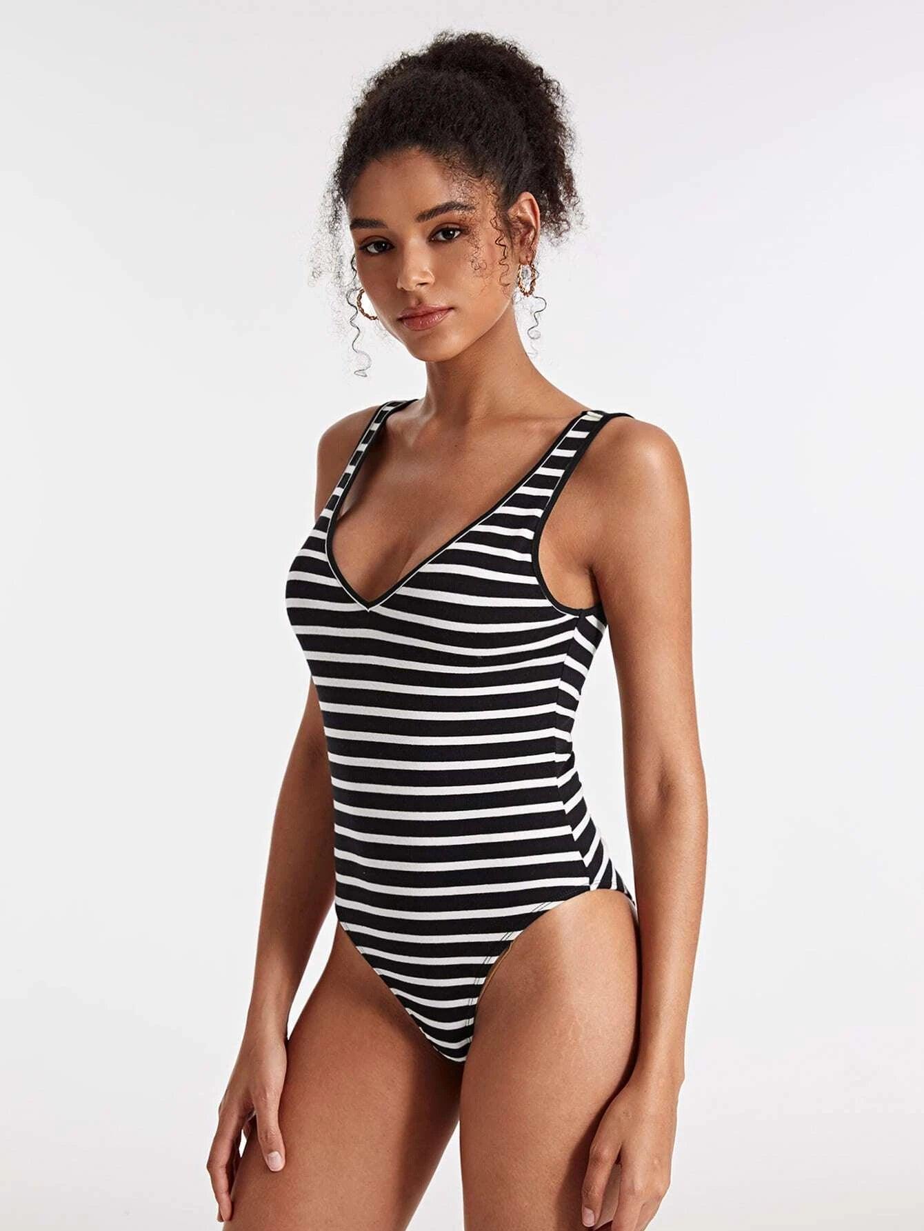 Striped Print Tank Bodysuit-Comfy Jumpsuits