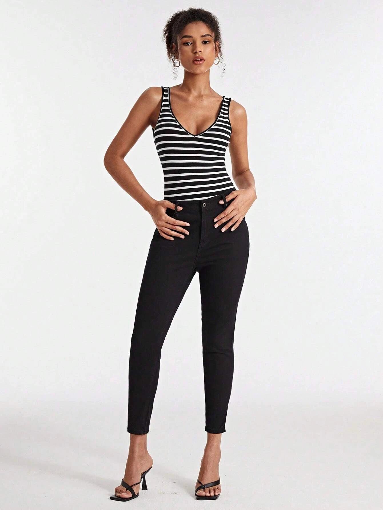 Striped Print Tank Bodysuit-Comfy Jumpsuits