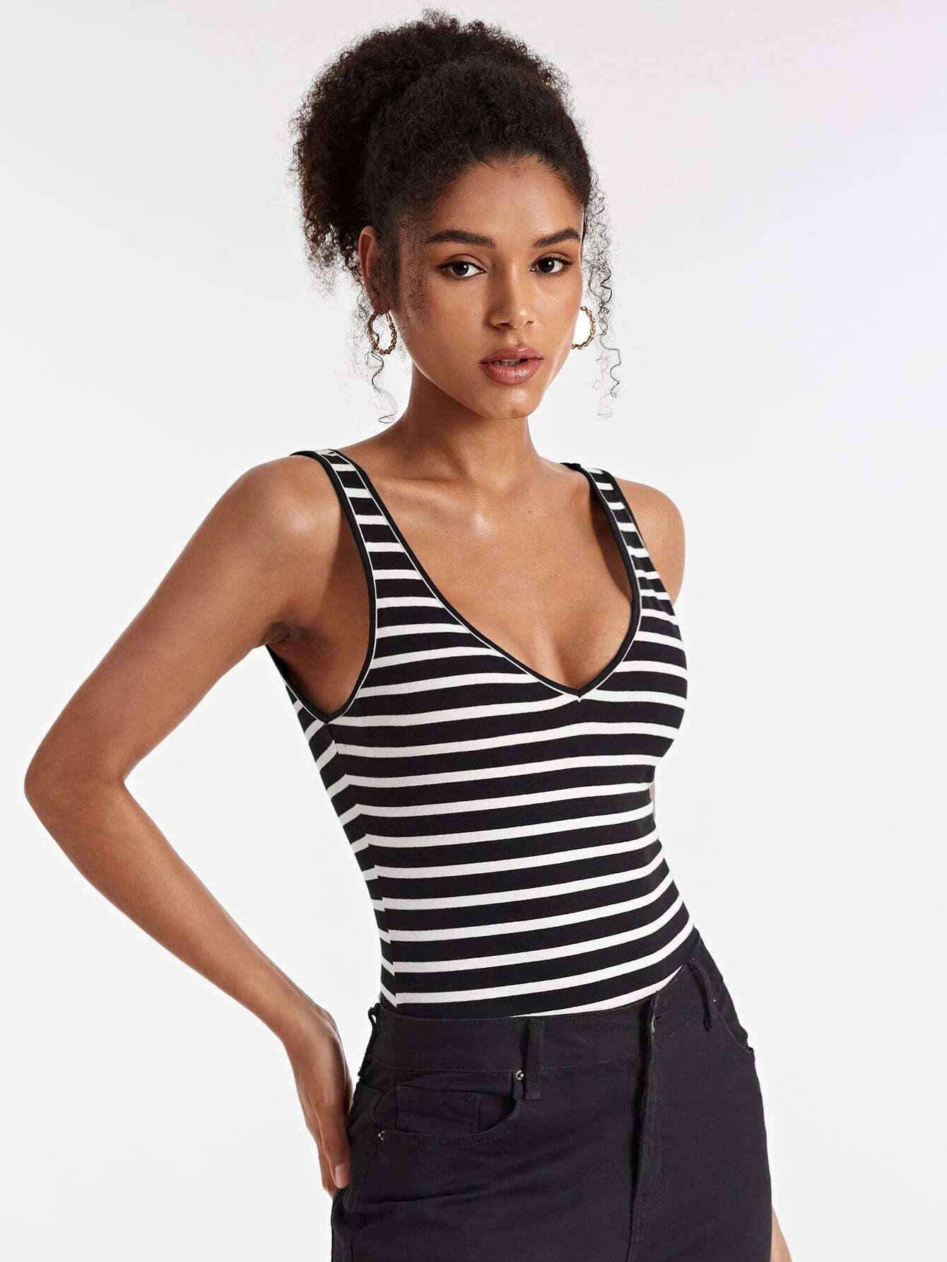 Striped Print Tank Bodysuit-Comfy Jumpsuits