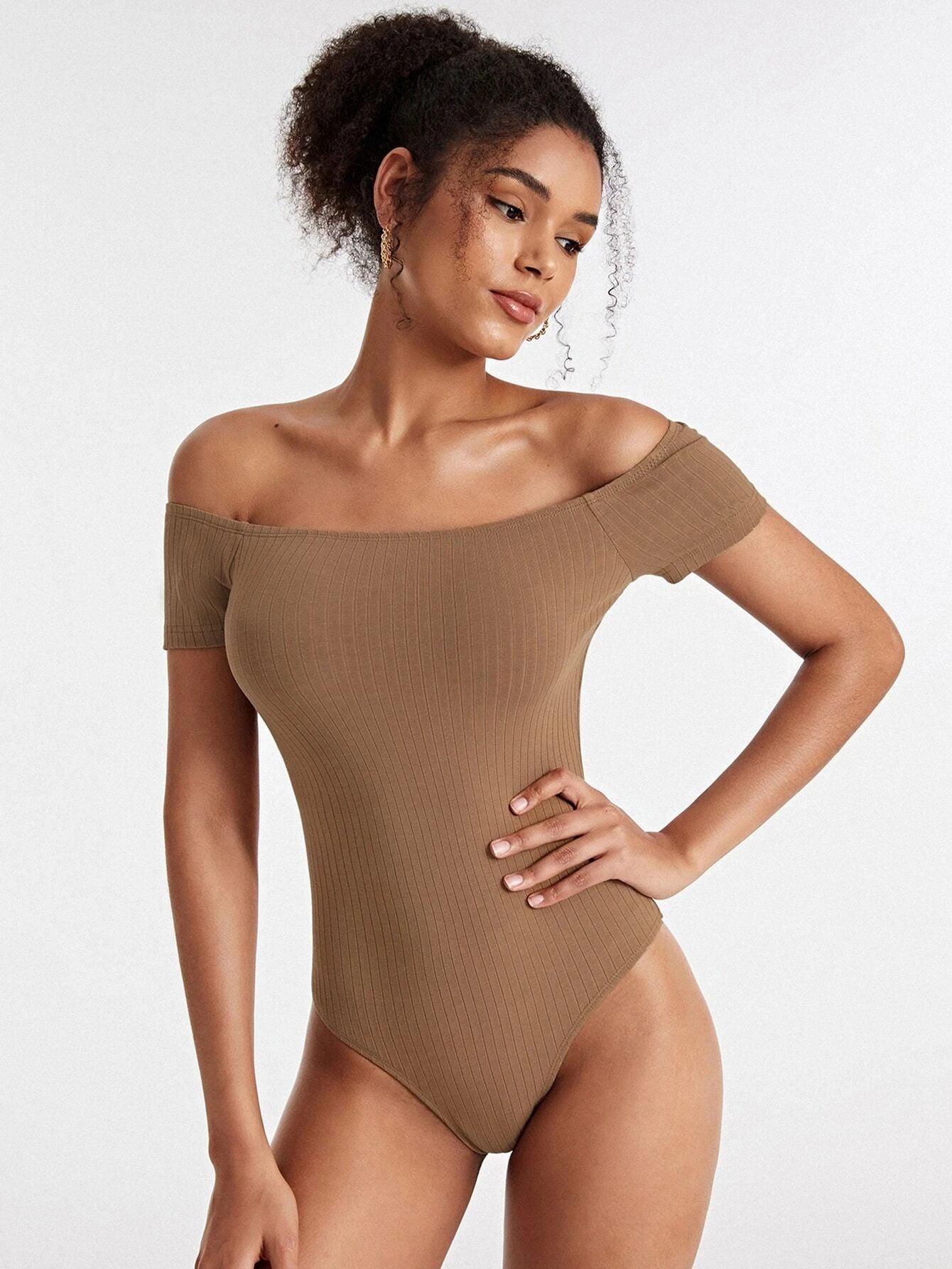 Cotton Off Shoulder Rib-knit Bodysuit-Comfy Jumpsuits