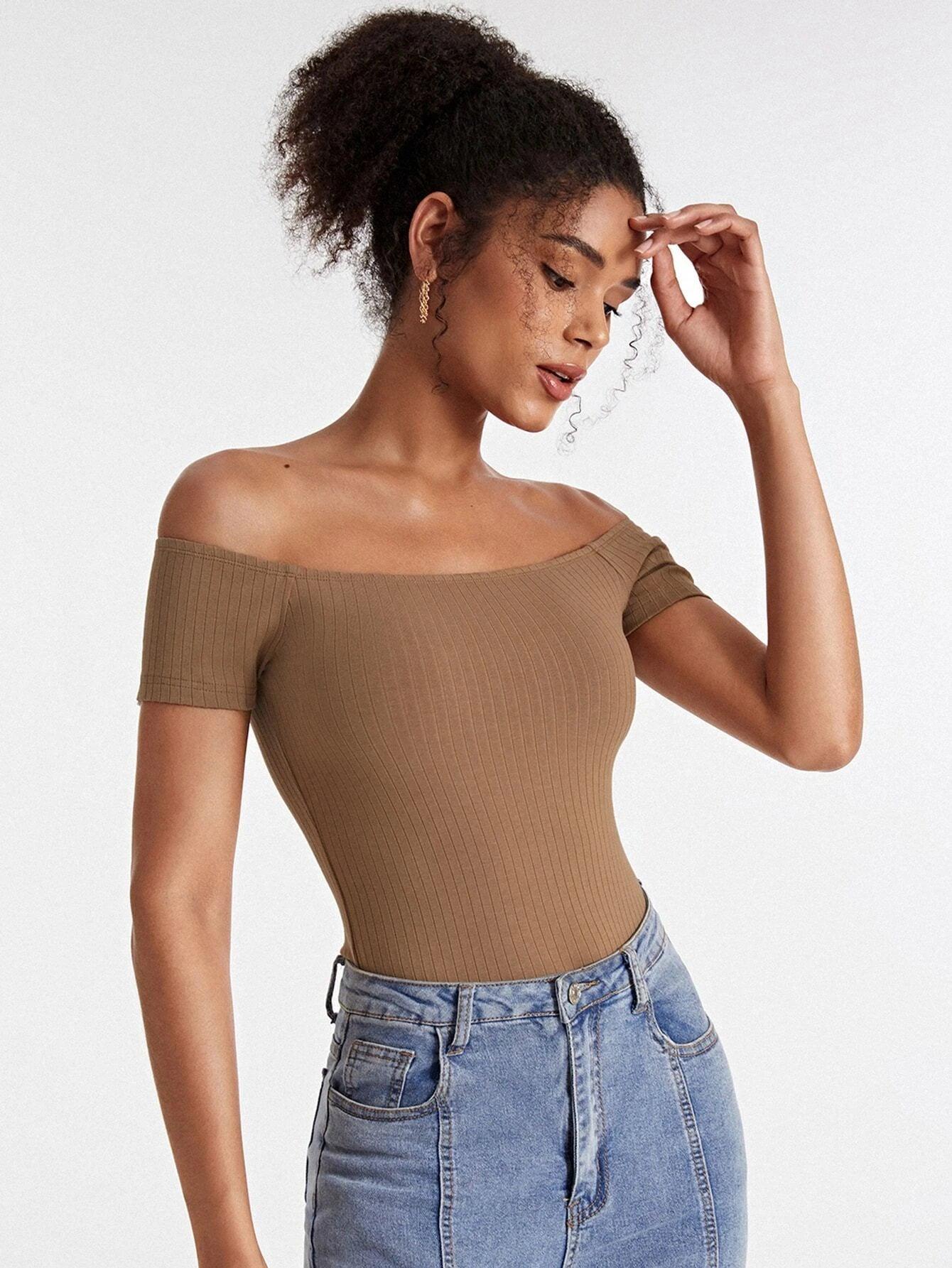 Cotton Off Shoulder Rib-knit Bodysuit-Comfy Jumpsuits