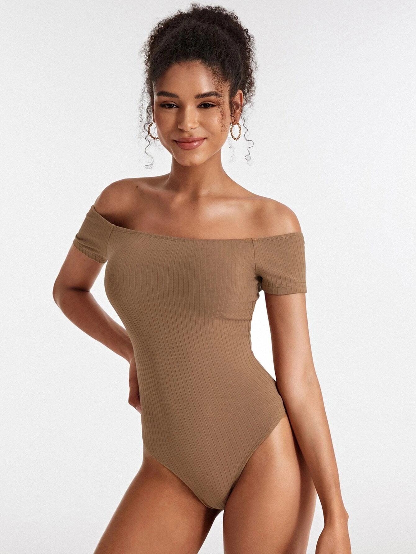Cotton Off Shoulder Rib-knit Bodysuit-Comfy Jumpsuits