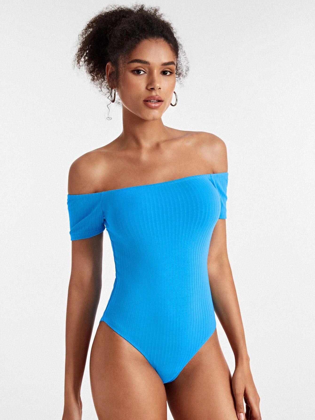 Cotton Off Shoulder Rib-knit Bodysuit-Comfy Jumpsuits