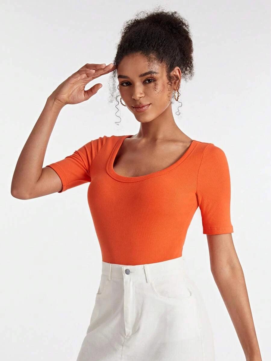 Cotton Solid Scoop Neck Ribbed Knit Bodysuit-Comfy Jumpsuits