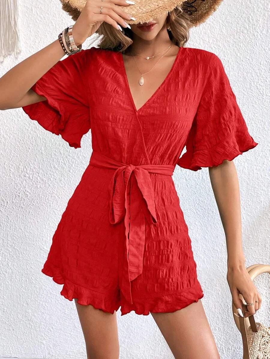 Solid Ruffle Belted Romper-Comfy Jumpsuits