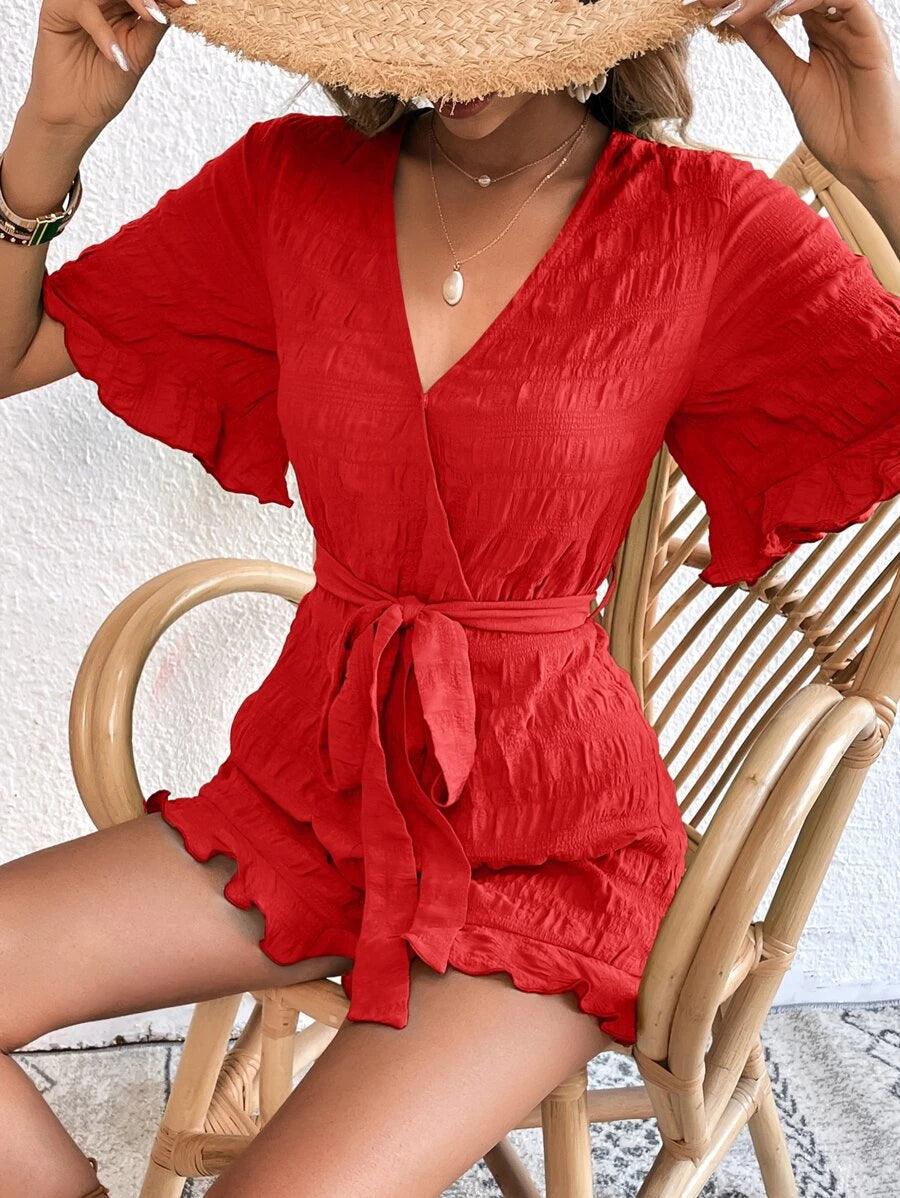 Solid Ruffle Belted Romper-Comfy Jumpsuits