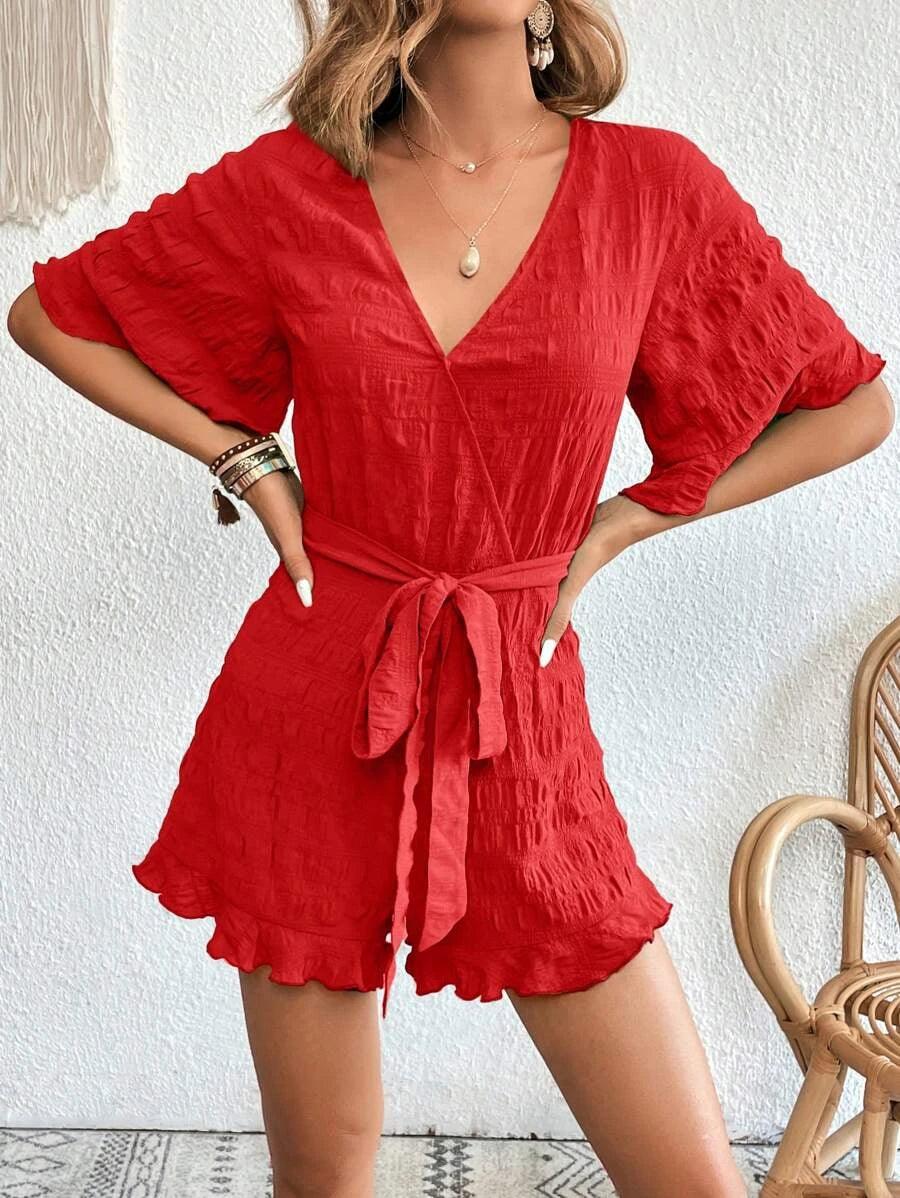 Solid Ruffle Belted Romper-Comfy Jumpsuits