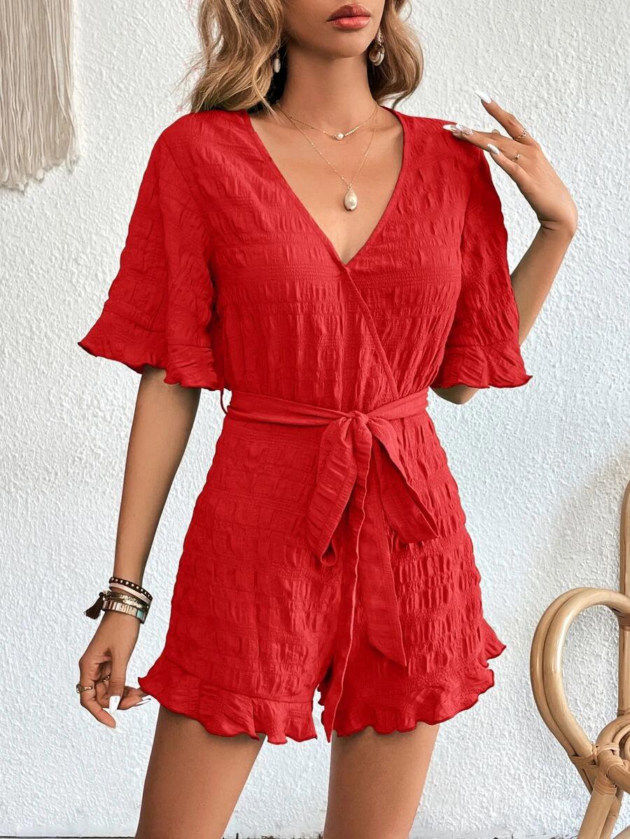 Solid Ruffle Belted Romper-Comfy Jumpsuits