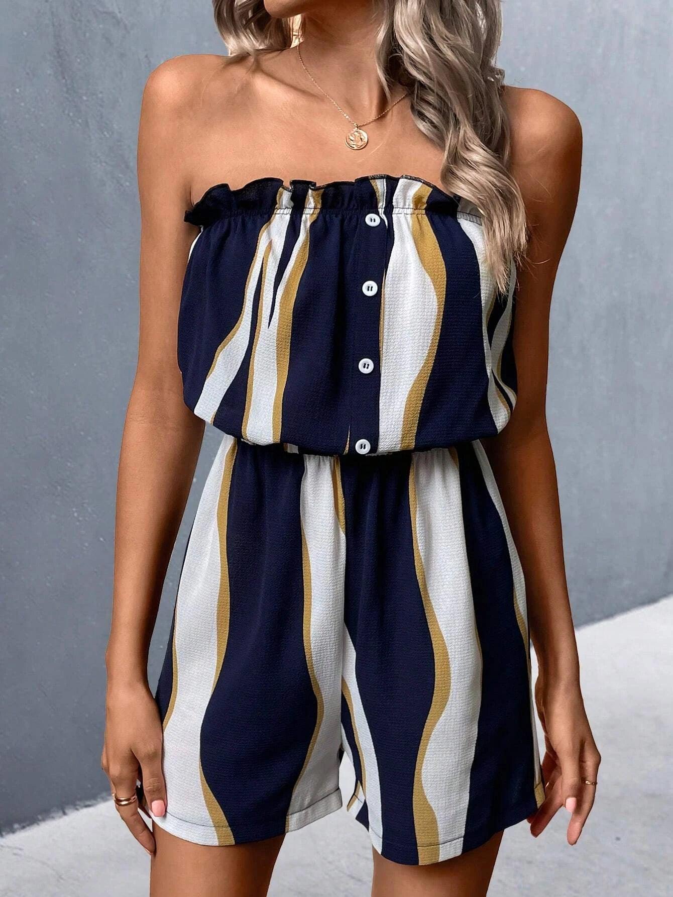 Front Button Frill Trim Tube Romper-Comfy Jumpsuits