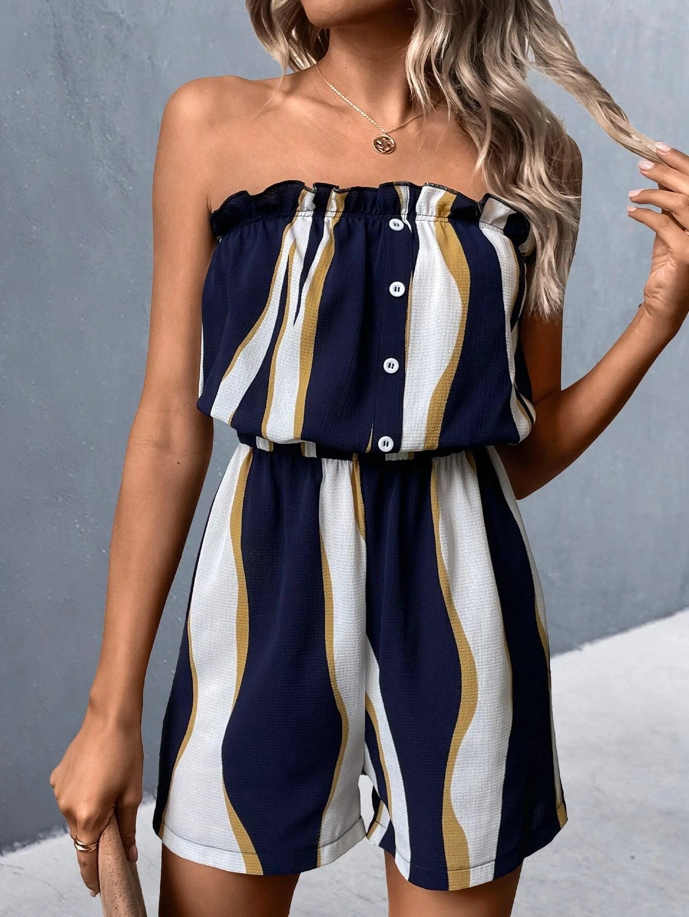 Front Button Frill Trim Tube Romper-Comfy Jumpsuits
