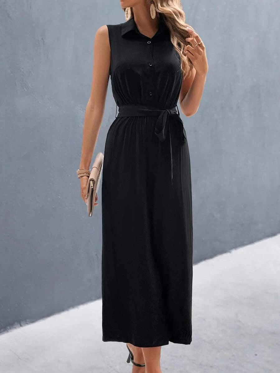 Solid Sleeveless Belted Shirt Jumpsuit-Comfy Jumpsuits