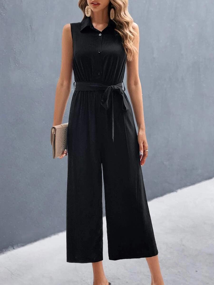 Solid Sleeveless Belted Shirt Jumpsuit-Comfy Jumpsuits