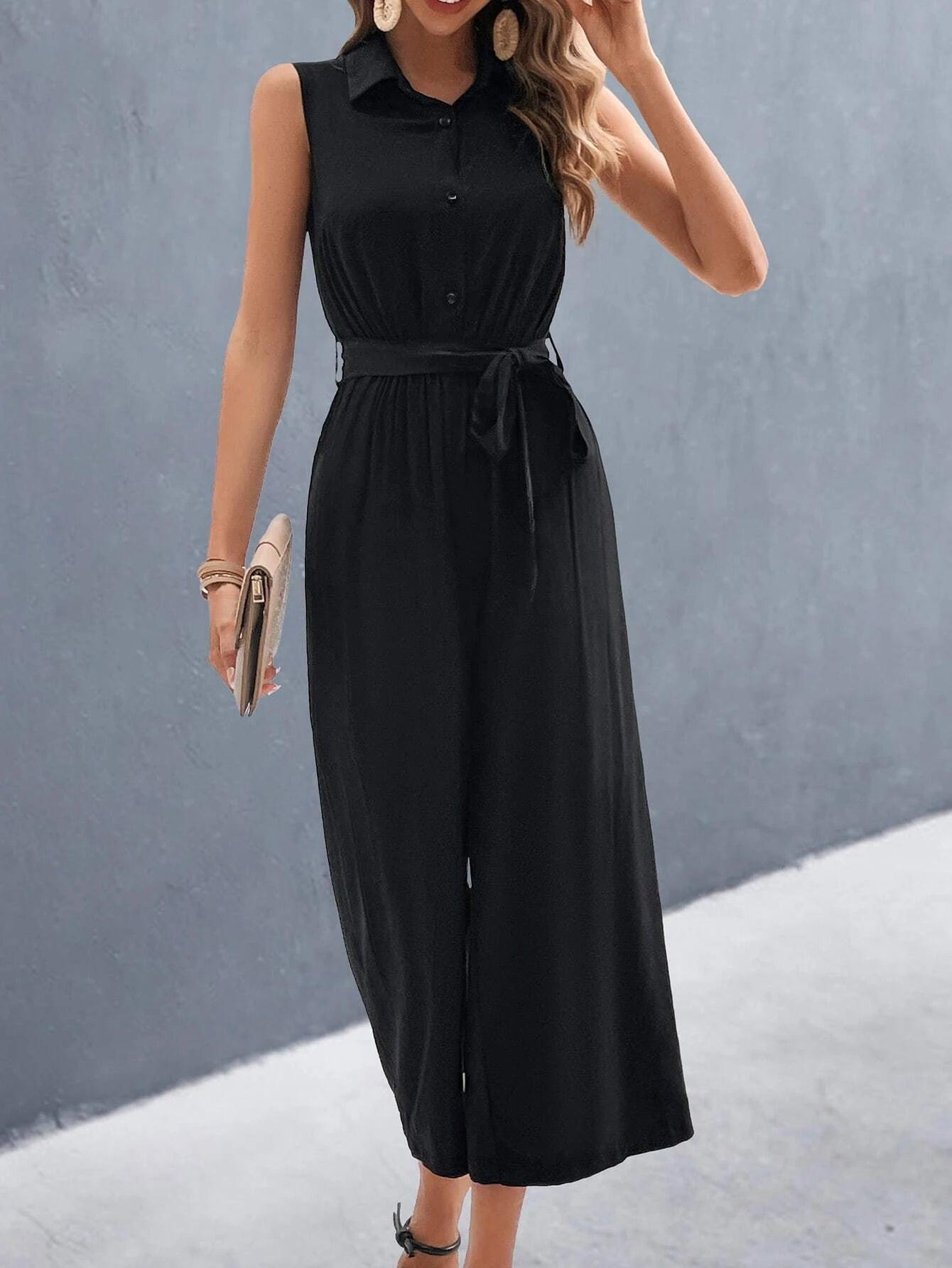 Solid Sleeveless Belted Shirt Jumpsuit-Comfy Jumpsuits