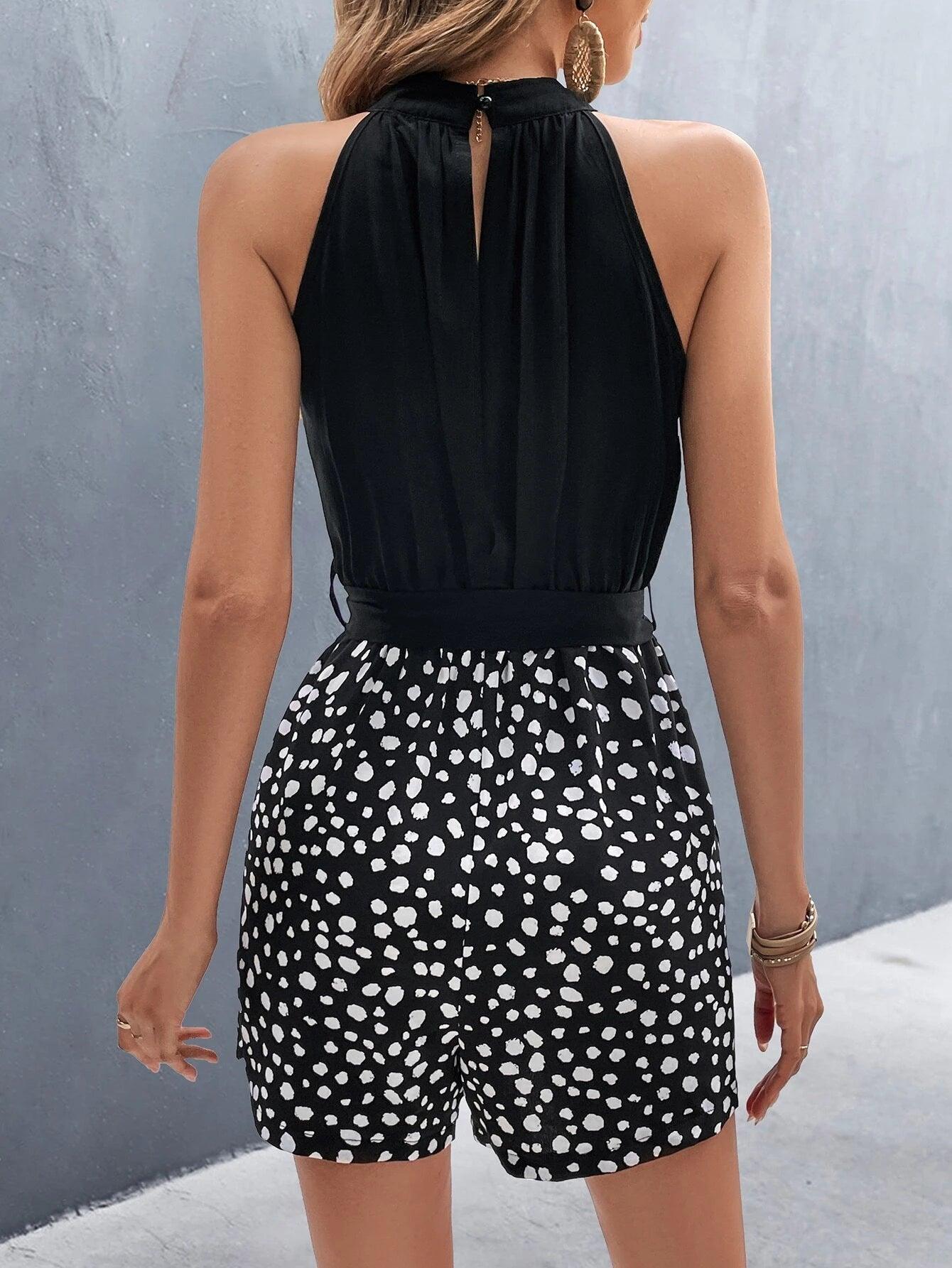 Dalmatian Print Belted Halter Neck Romper-Comfy Jumpsuits