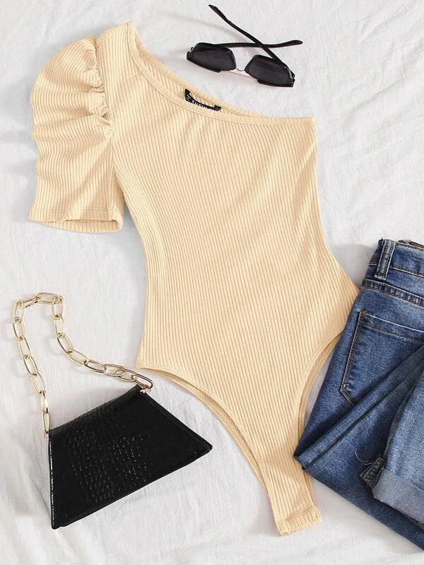 Ribbed Knit One Shoulder Puff Sleeve Plain Bodysuit-Comfy Jumpsuits