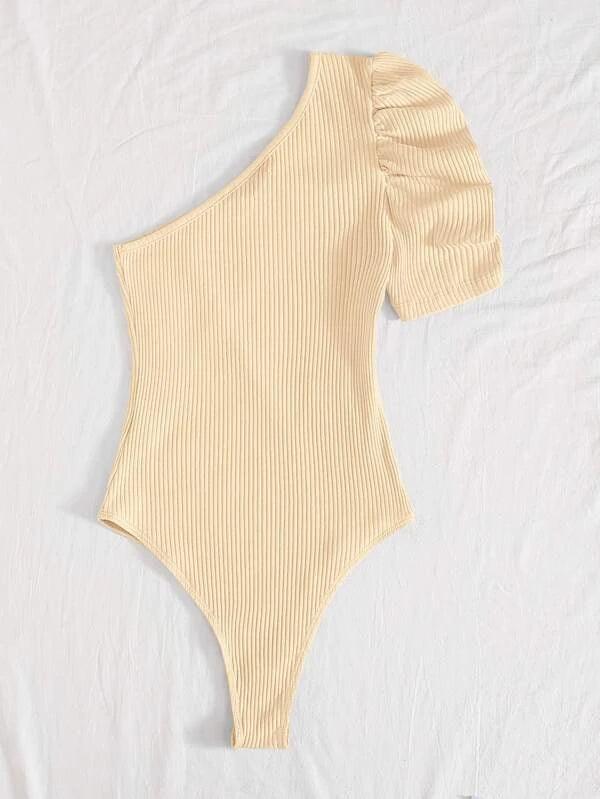 Ribbed Knit One Shoulder Puff Sleeve Plain Bodysuit-Comfy Jumpsuits