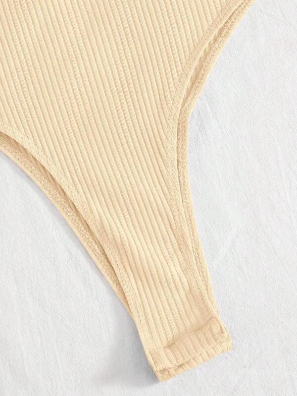 Ribbed Knit One Shoulder Puff Sleeve Plain Bodysuit-Comfy Jumpsuits