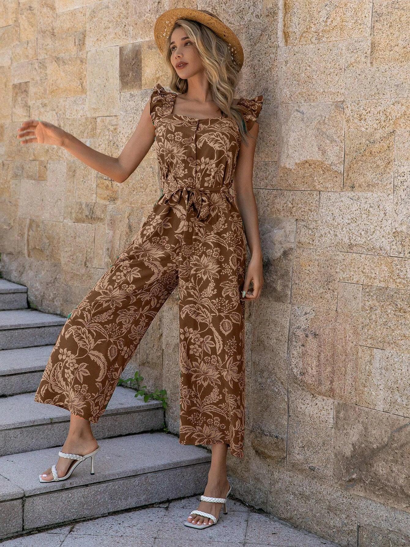 Floral Print Ruffle Trim Belted Jumpsuit-Comfy Jumpsuits