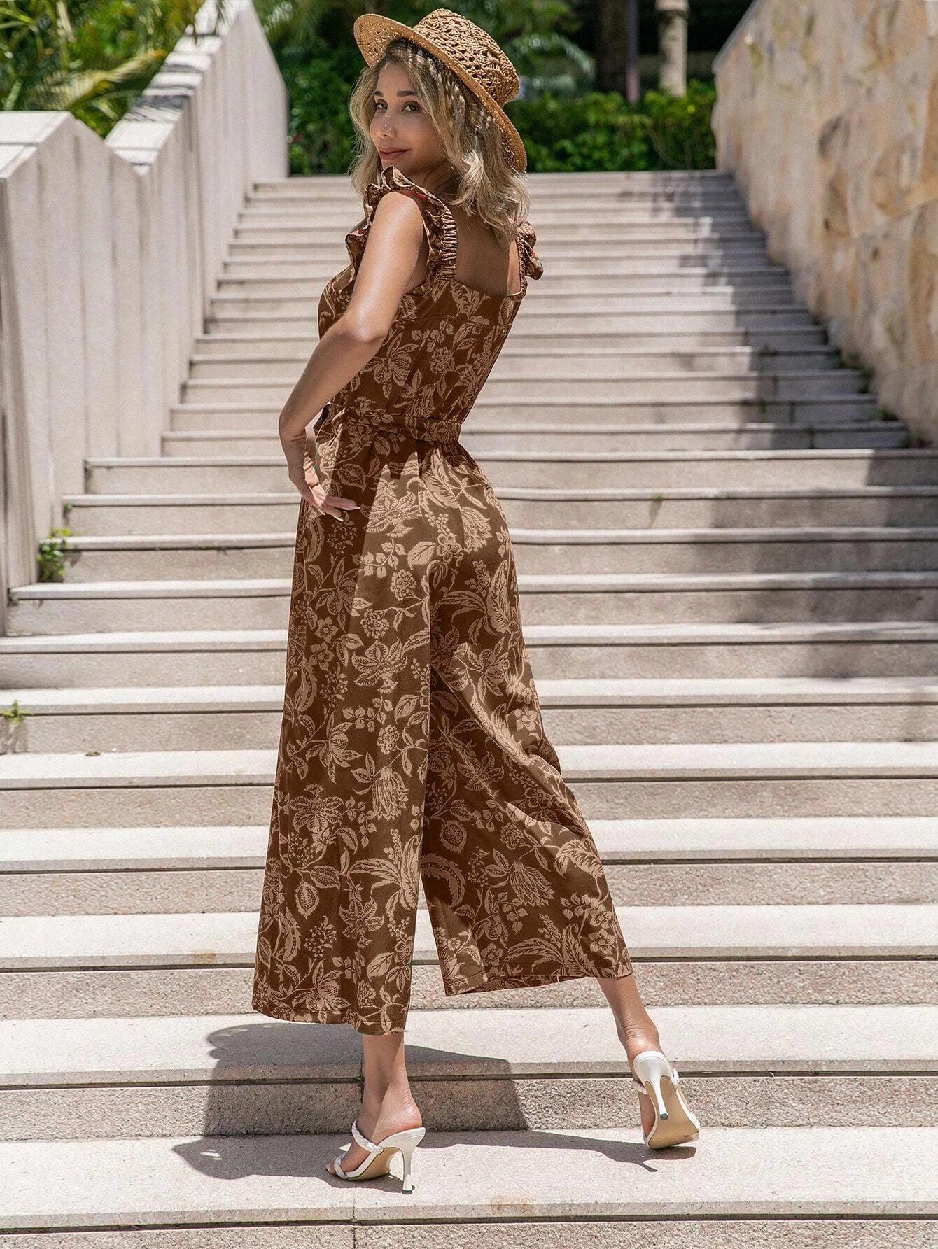 Floral Print Ruffle Trim Belted Jumpsuit-Comfy Jumpsuits