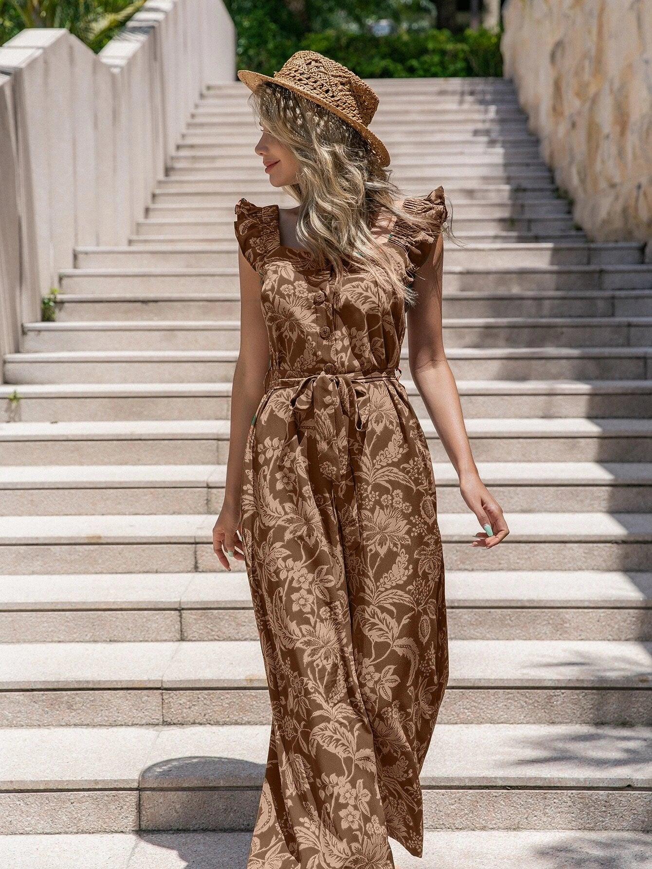 Floral Print Ruffle Trim Belted Jumpsuit-Comfy Jumpsuits