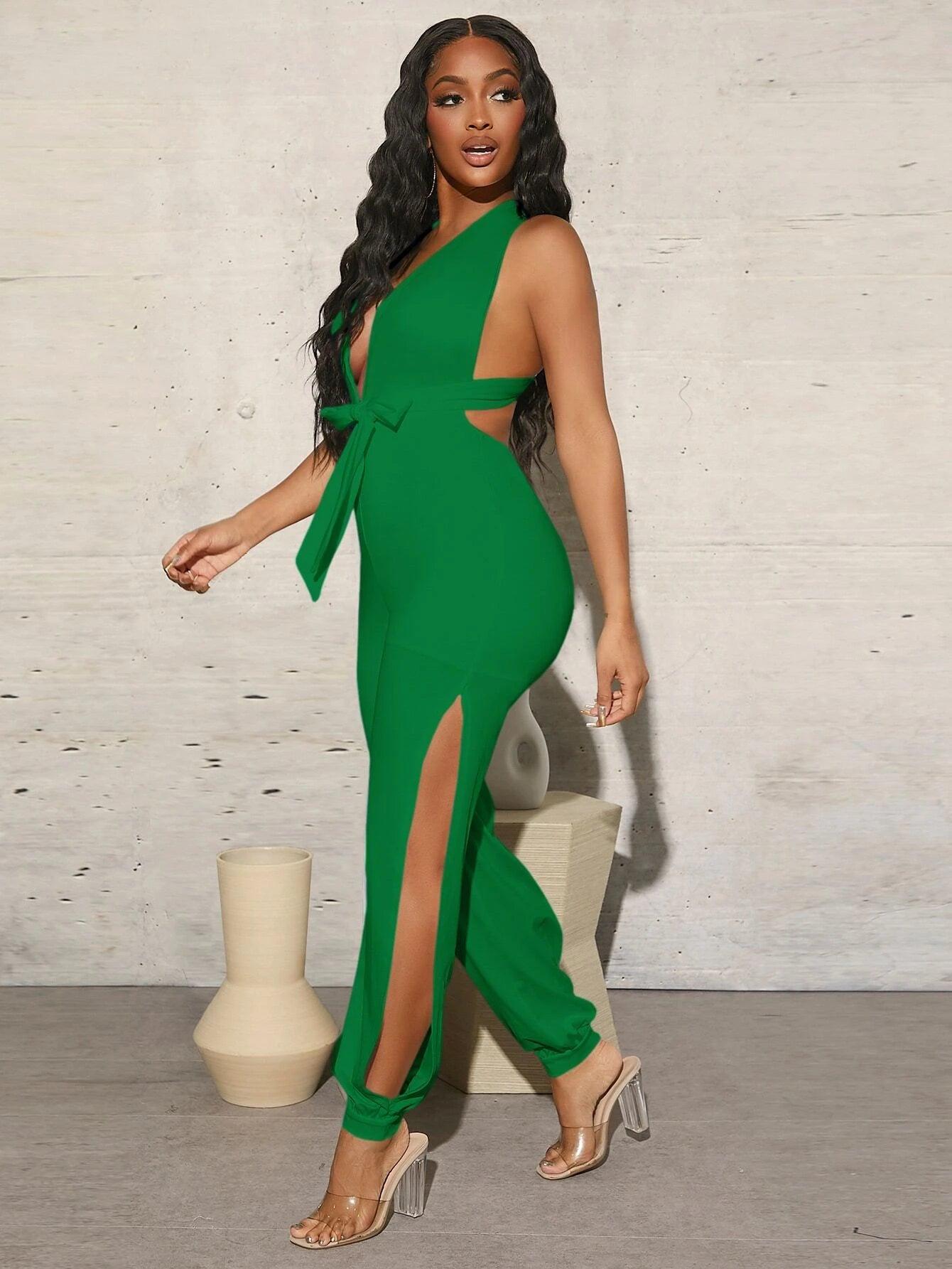 Plunging Neck Criss Cross Backless Split Belted Jumpsuit-Comfy Jumpsuits