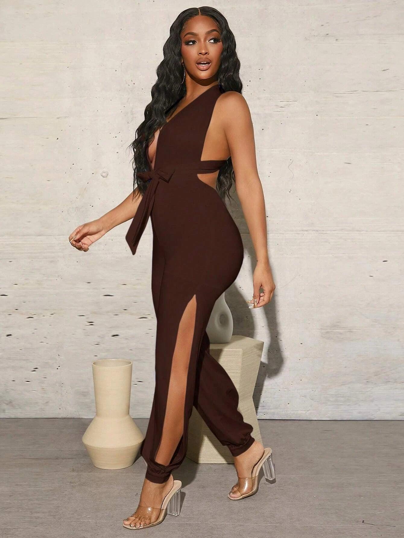 Plunging Neck Criss Cross Backless Split Belted Jumpsuit-Comfy Jumpsuits