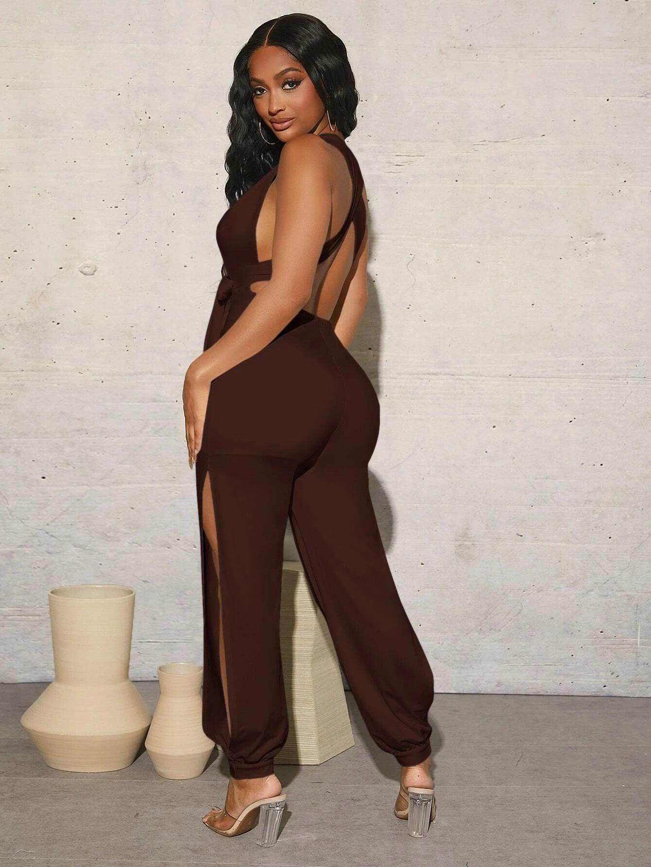 Plunging Neck Criss Cross Backless Split Belted Jumpsuit-Comfy Jumpsuits