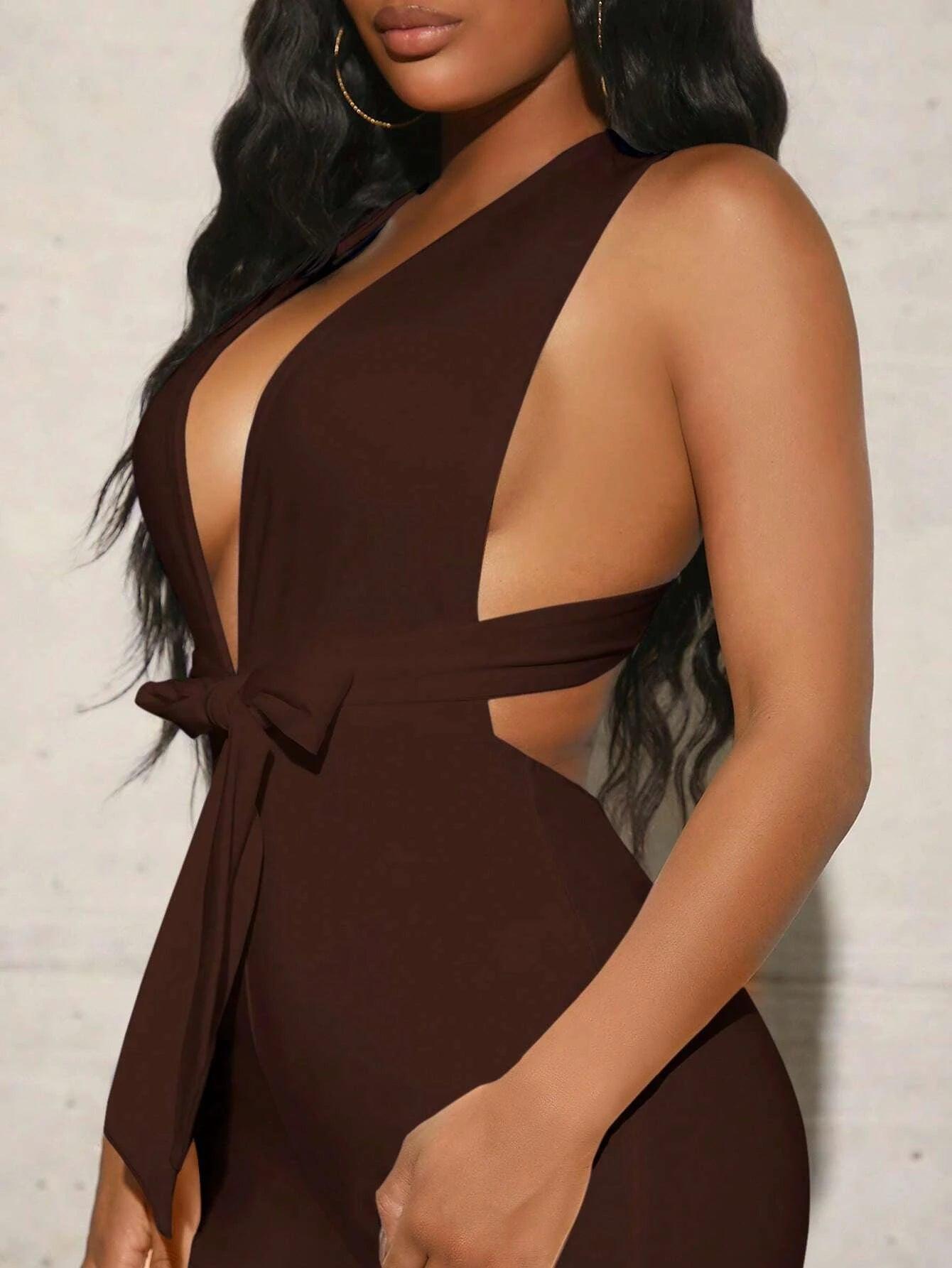 Plunging Neck Criss Cross Backless Split Belted Jumpsuit-Comfy Jumpsuits
