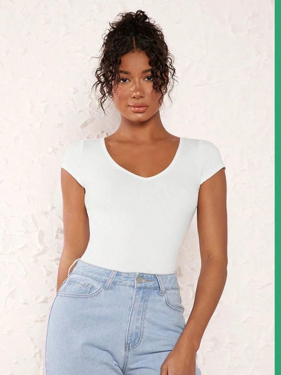 Cotton V Neck Bodysuit-Comfy Jumpsuits