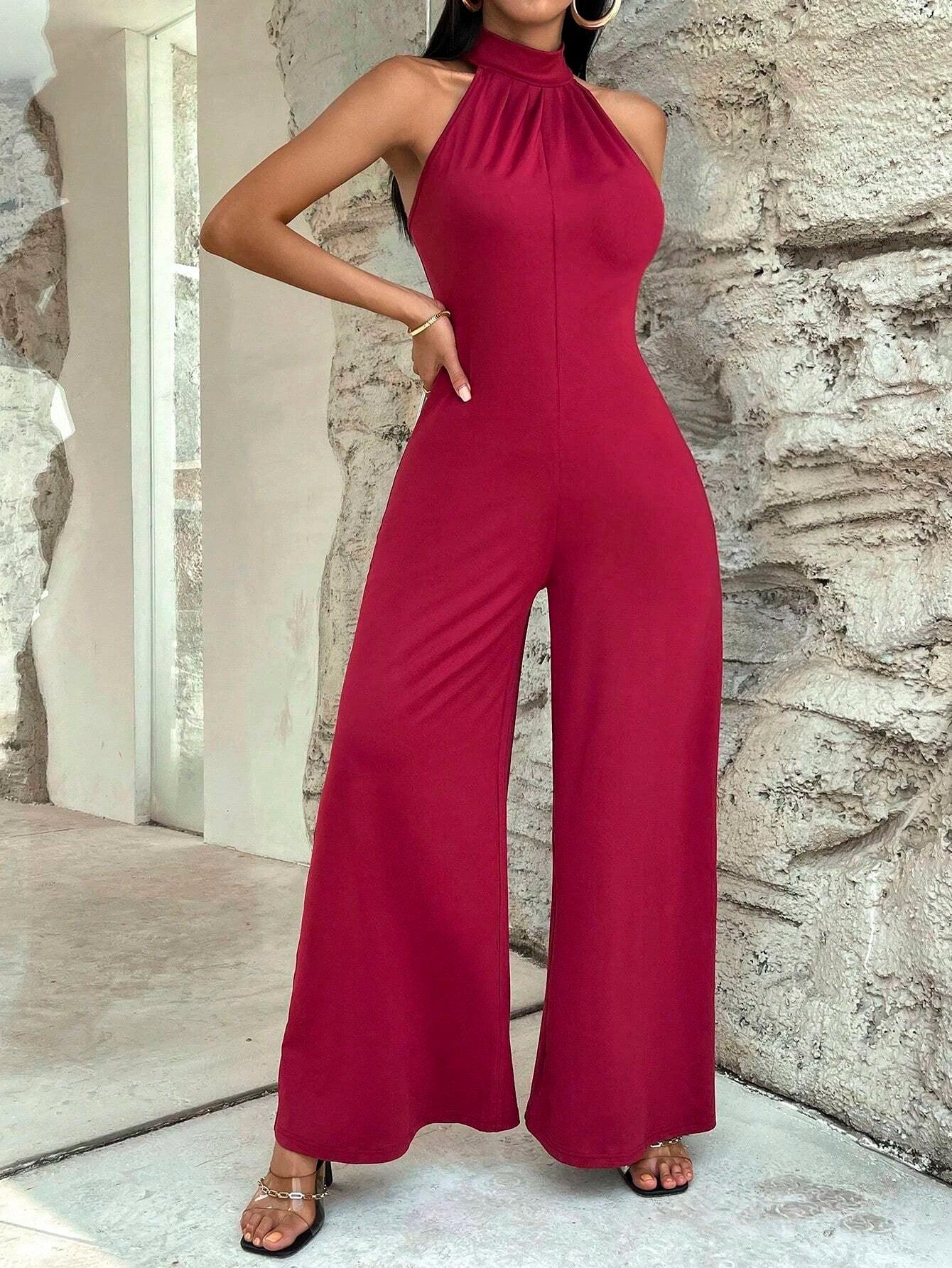 Sleeveless Halter Neckline Wide Leg Jumpsuit-Comfy Jumpsuits