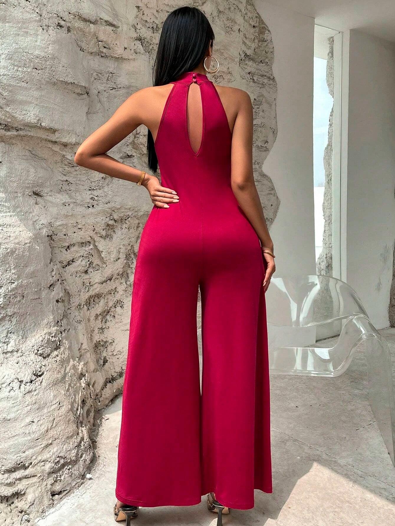 Sleeveless Halter Neckline Wide Leg Jumpsuit-Comfy Jumpsuits
