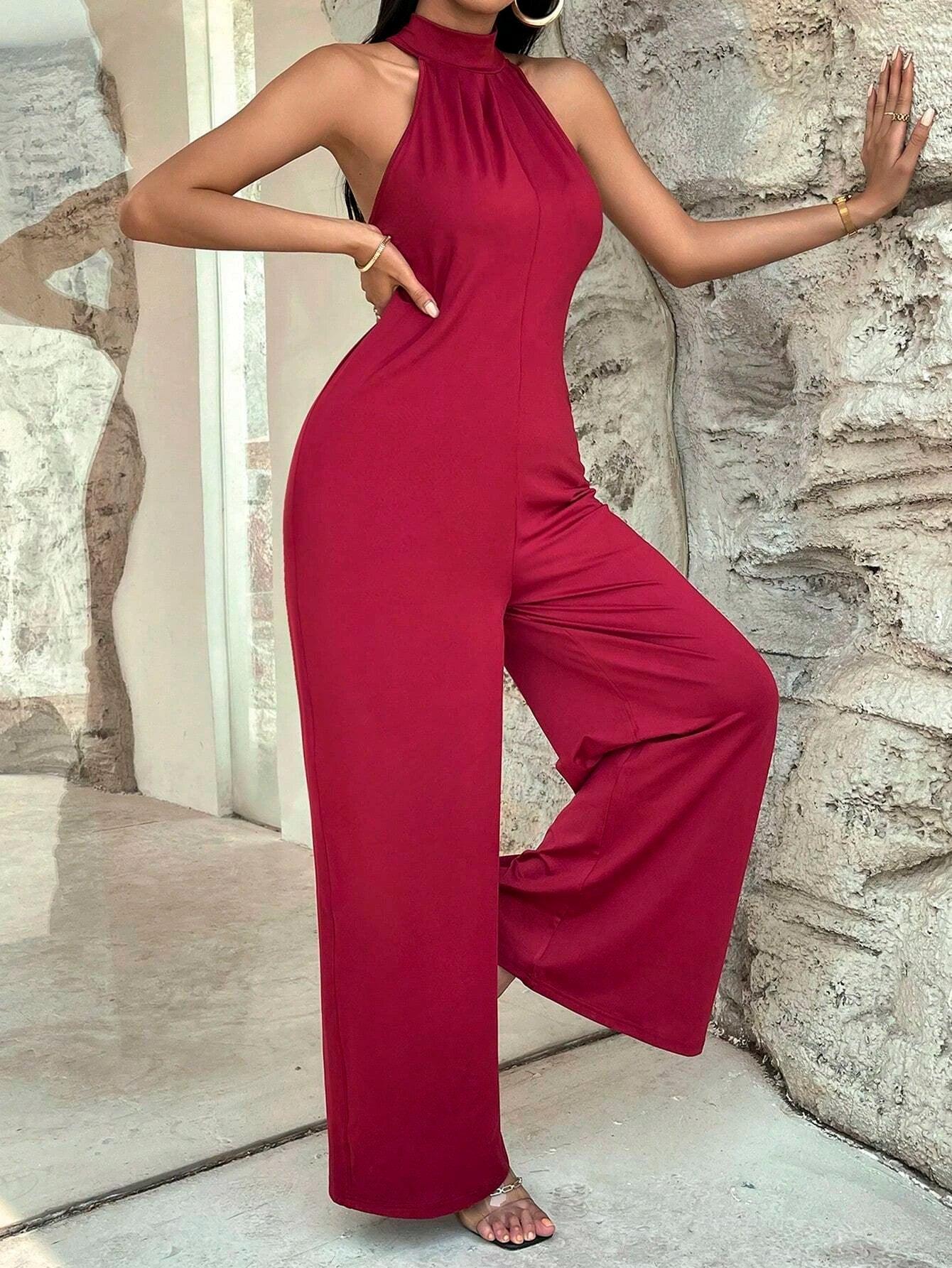 Sleeveless Halter Neckline Wide Leg Jumpsuit-Comfy Jumpsuits