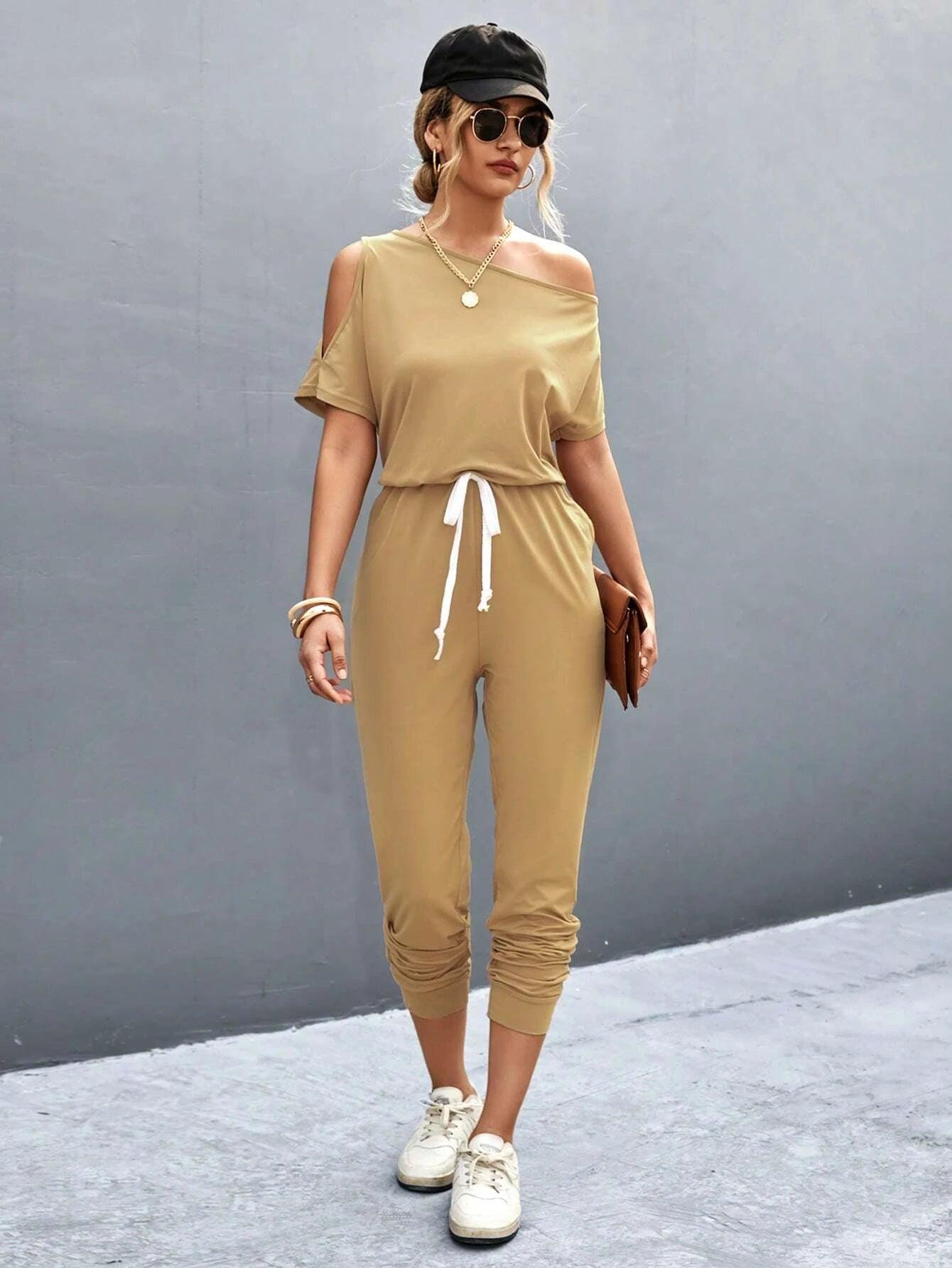 Asymmetrical Neck Knot Front Jumpsuit-Comfy Jumpsuits