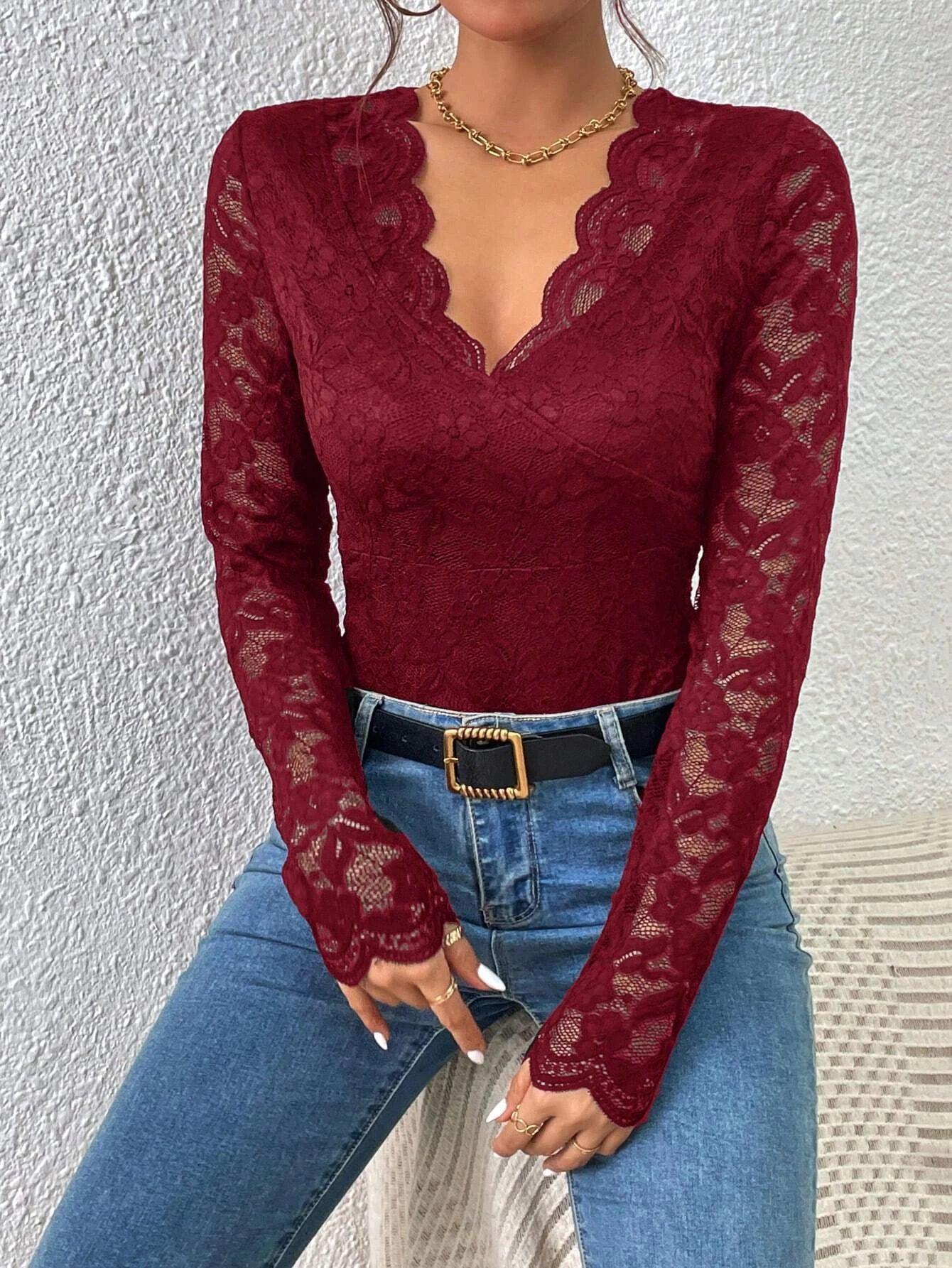 Lace Scallop Lace Bodysuit-Comfy Jumpsuits