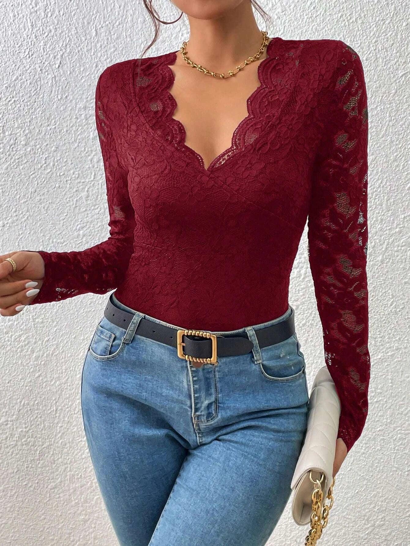 Lace Scallop Lace Bodysuit-Comfy Jumpsuits