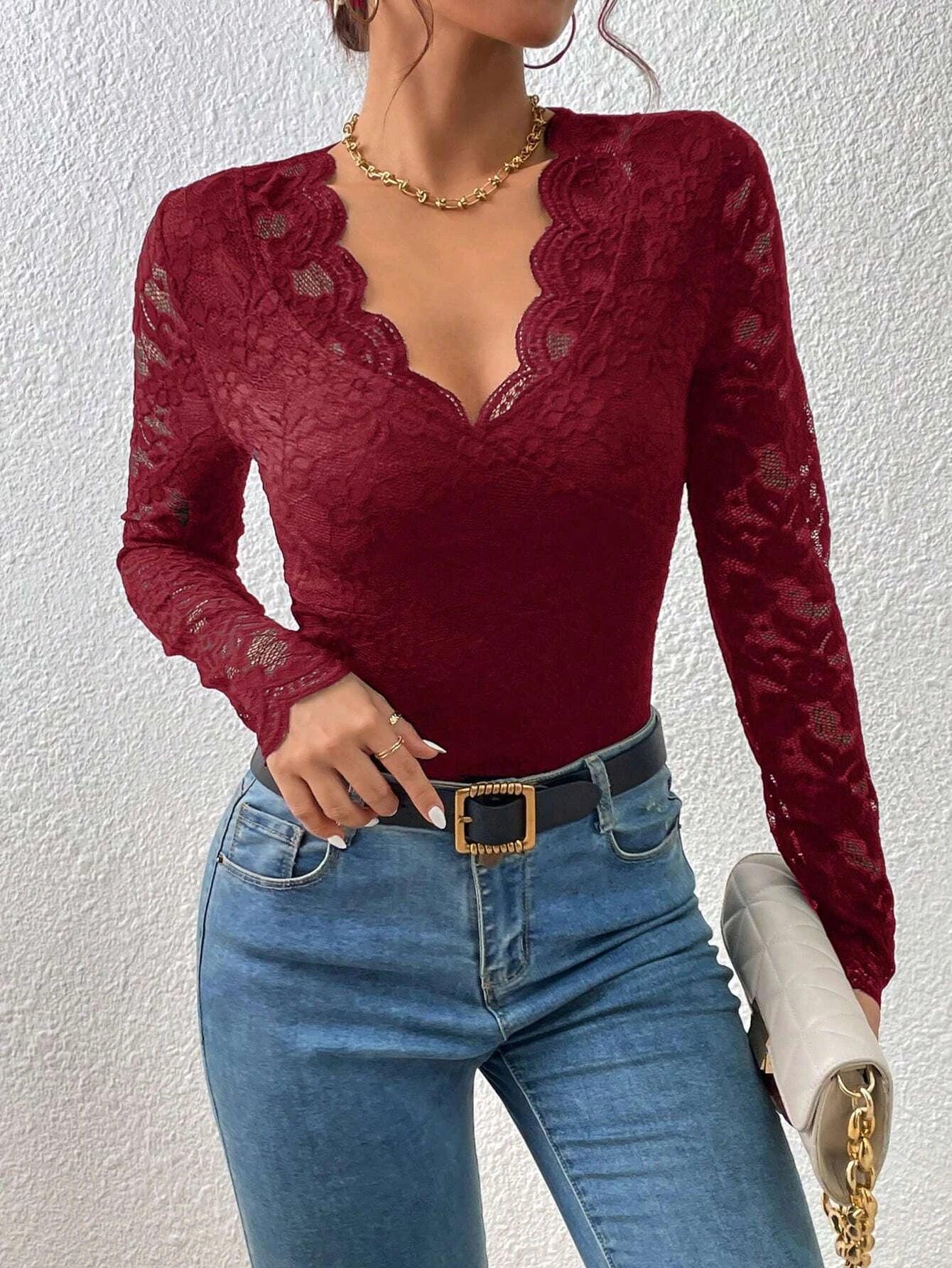 Lace Scallop Lace Bodysuit-Comfy Jumpsuits
