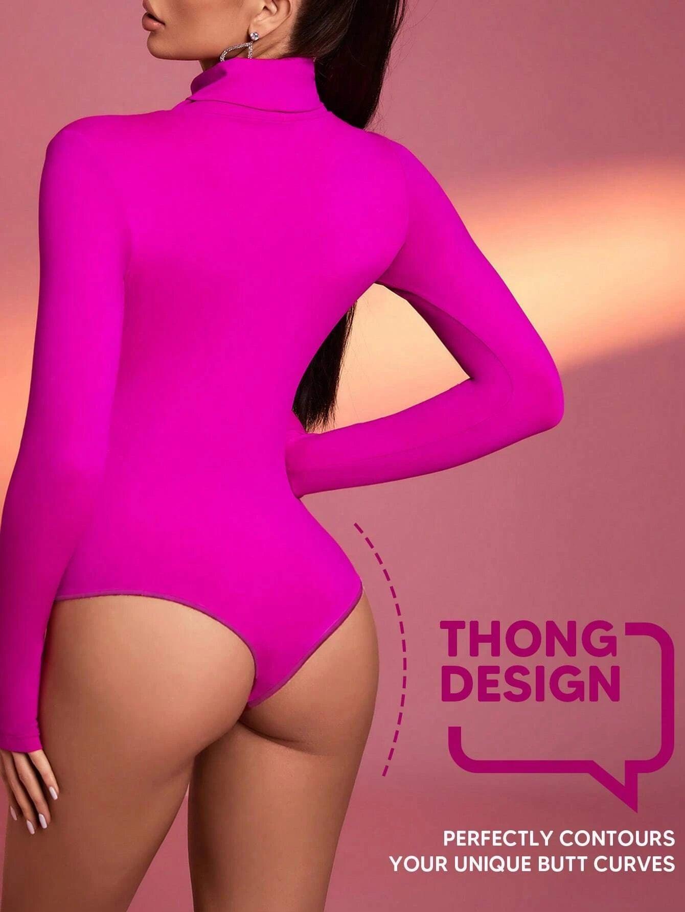 Turtle Neck Slim Fit Thong Bodysuit-Comfy Jumpsuits